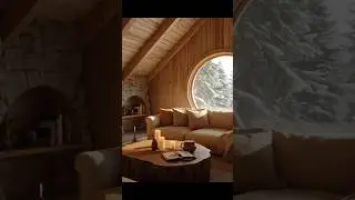 Cozy Mountain Living Room with Round Window and Fireplace ❄️🔥 Peaceful Winter Retreat #design #inte